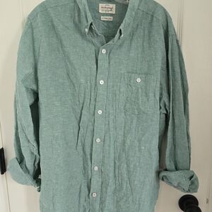 Linen Men's Casual Green Button Down Shirt, Large, Vacation, Spring, Beach